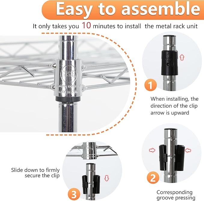 BestOffice | 5-Tier Wire Storage Shelves | 17x12x48 | Chrome | with Adjustable Racks | Heavy-Duty Metal Shelf, Holds Upto 750 lbs | No-Tool Assembly | Ideal for Home & Garage Shelving