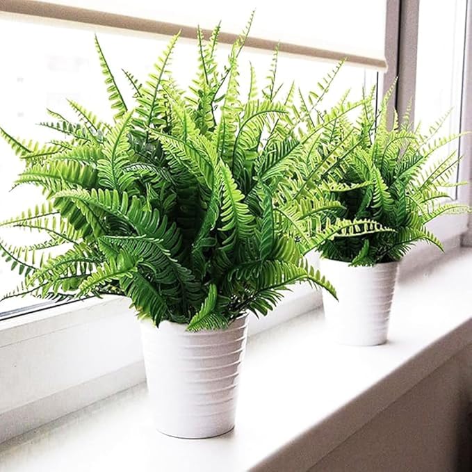 4pcs Outdoor Artificial Plants Fake Boston Fern Plant Artificial Ferns for Outdoor UV Resistant Plastic Plants (4, Green)