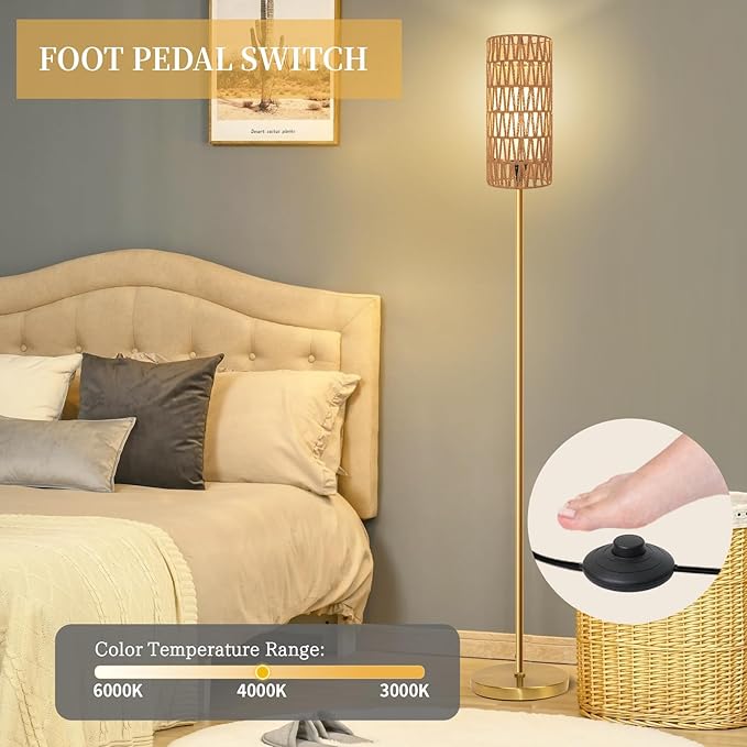 Floor Lamp for Living Room,Farmhouse Rattan Floor lamp,Modern Standing lamp with 3 Color LED Bulb,Gold Tall Lamp with Foot Switch