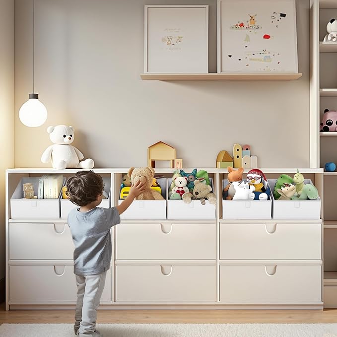 DIMJ Closet Storage Bins 6 Pack - Fabric Trapezoid Organizer Bin, Foldable Storage Baskets for Shelves, Closet Shelf Organizer, Clothing Storage Box for Toys, Books, Towel, Clothes, White