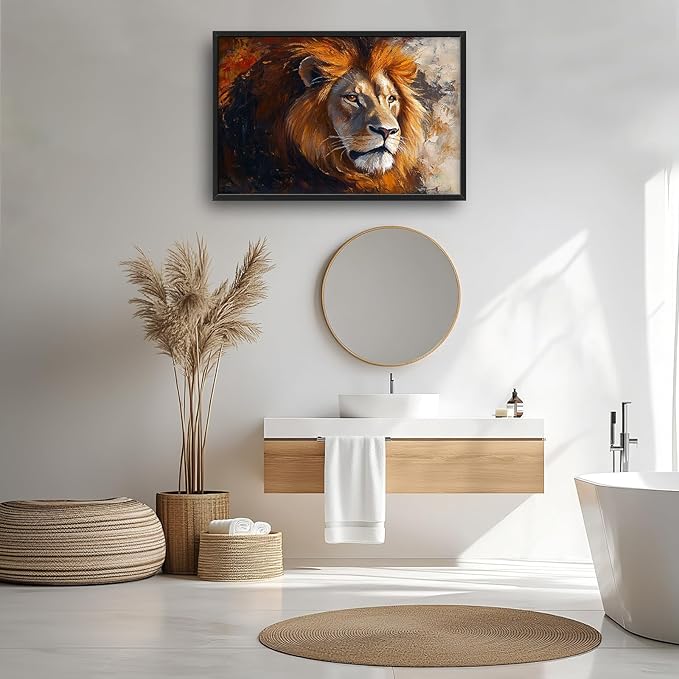 Lion Framed Wall Art for Living Room, Large Brown Lion Canvas Wall Decor, Wild Animal Pictures Painting, Modern Artwork for Bathroom Bedroom Office 36L'' × 24W''