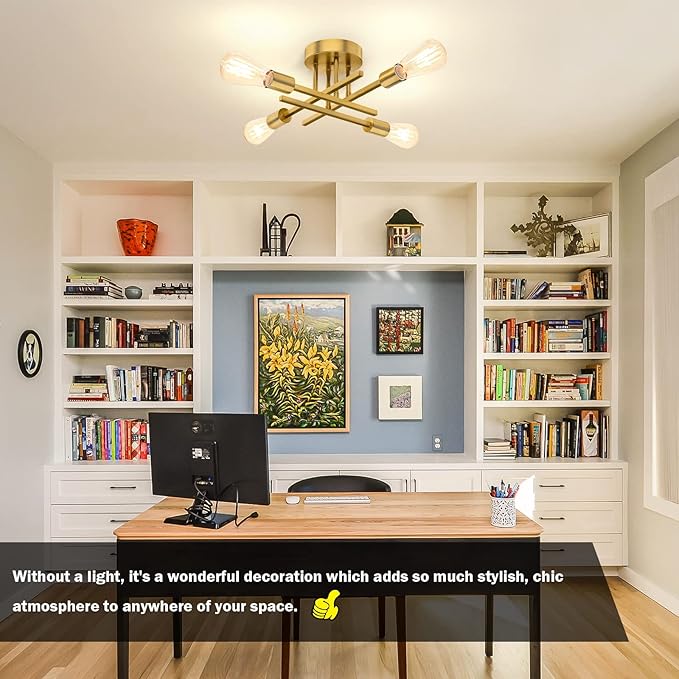 Gold Semi Flush Mount Ceiling Light Fixture, 4-Light Modern Industrial Sputnik Chandelier Light Fixture, Flush Mount Ceiling Lamp for Kitchen Bedroom Living Room Dining Room Closet, E26 Bulb Sockets