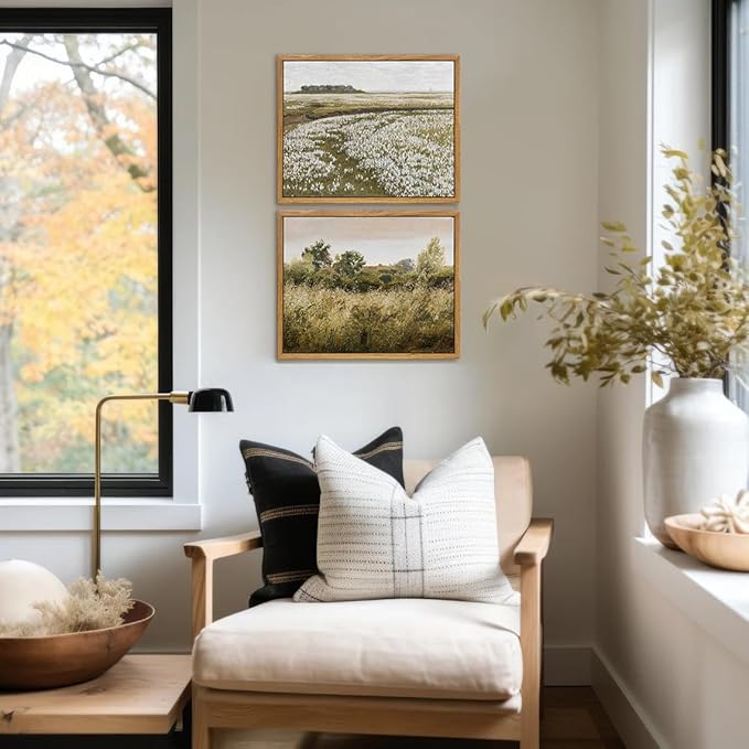 KBKBART Framed Vintage Wall Art Prints, Retro Countryside Flower Field Nature Wilderness Canvas Painting Farmhouse Decor, Rustic Landscape Wall Art Decor for Bathroom, Bedroom Living Room,