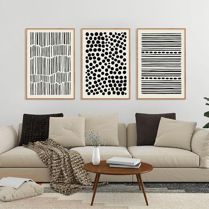 KAIRNE 3Pcs Black and White Boho Framed Canvas Wall Art Set, Minimalist Geometric Line Wall Decor, Abstract Black Wall Painting, Modern Neutral Art Print for Living Room, Bedroom, Kitchen 16x24inch