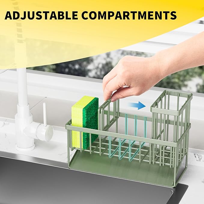 Cisily Kitchen Sink Caddy, Sponge Holder for Kitchen Sink, Kitchen Sink Organzier and Storage with High Brush Holder, 304 Stainless Kitchen Gadgets Sink Accessories, Organizadores de Cocina Sage Green