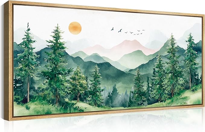 ANHUIB Watercolor Forest Wal Art 20x40 Inch Framed Green Mountain Range Canvas Wall Decor Pine Tree Painting Nature Landscape Wall Art Set of 3 for Living Room Bedroom Office