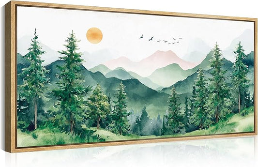 ANHUIB Watercolor Forest Wal Art 20x40 Inch Framed Green Mountain Range Canvas Wall Decor Pine Tree Painting Nature Landscape Wall Art Set of 3 for Living Room Bedroom Office