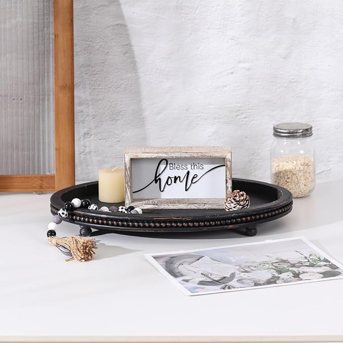 Oval Trays, Wooden Decorative Trays for Coffee Table, Small Beaded Decor in Black