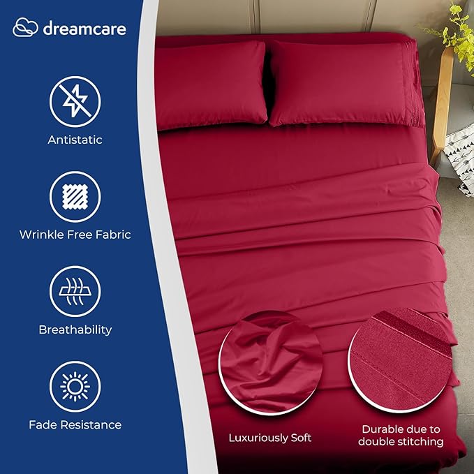 DREAMCARE Twin XL Sheet Set - Cooling Bed Sheets - 4pc Set - up to 15" Deep Pocket Twin XL Sheets - Soft & Long Lasting 100% Fine Brushed Polyester with Side Pocket - Burgundy