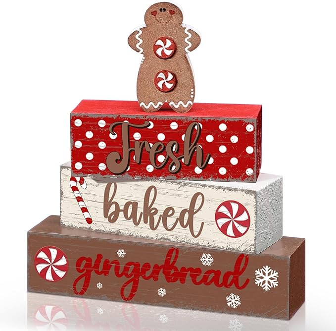 Geelin 4 Pcs Wooden Christmas Tabletop Decor Gingerbread Man Tiered Tray Decor Christmas Centerpiece Rustic Decorative Block Signs Gift Farmhouse Table Decoration for Home Kitchen