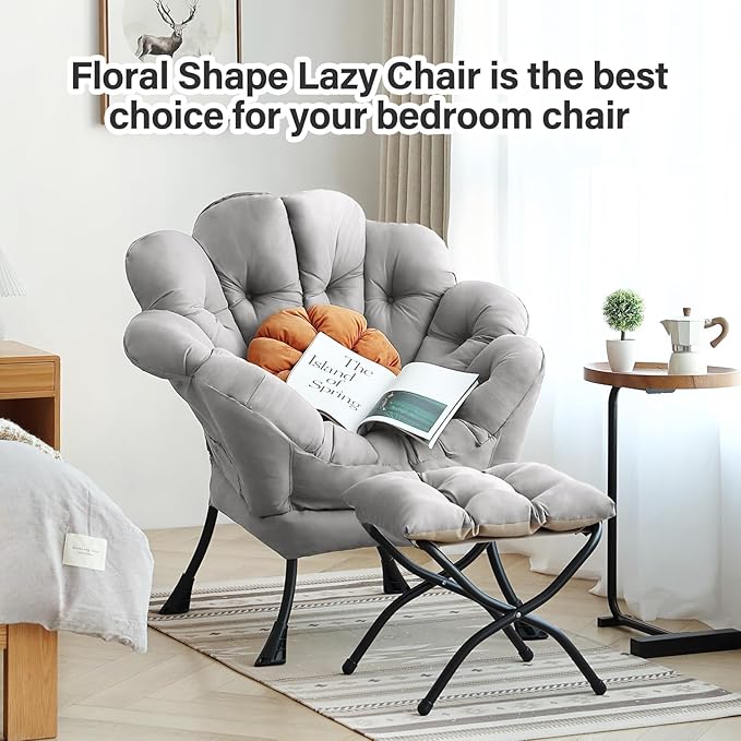 Lazy Chair with Ottoman, Modern Floral Reading Chair with Folding Footrest, Lounge Accent Chairs, Comfortable Oversized Armchairs for Bedroom, Living Room, Courtyard, Light Grey