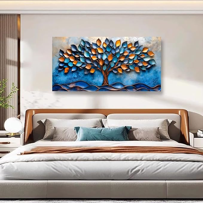 Tree of Life Pictures Canvas Wall Art for Living room Office Bedroom Wall Decor,Blue Leaf Wall Art Print Paintings Modern Autumn Blue Golden Scenery Artwork Waterproof Ready to Hang-20x40inch