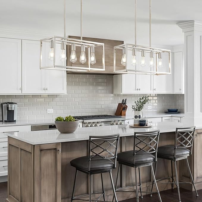 5-Light Pendant Lights for Kitchen Island Modern Dining Room Chandelier Linear Rectangular Kitchen Light Fixtures Hanging Lights for Dining Room Adjustable Height E26 Base Brushed Nickel