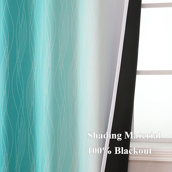 Estelar Textiler Teal and Greyish White Blackout Curtains 45 Inch Length, Light Blocking Gradient Drapes for Kitchen, Thermal Insulated Grommet Ombre Curtains for Bathroom,52Wx45L,2 Panels