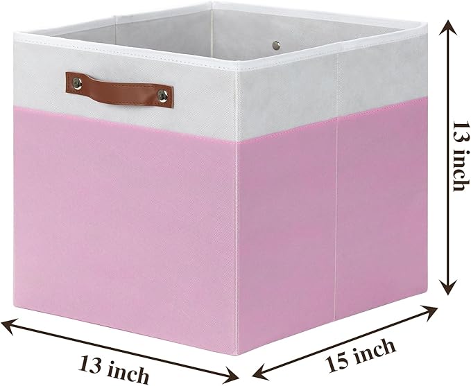 Temary Foldable Cube Baskets 4Pack - Clothes Shelf Storage with Handles, Fabric Storage Organizer Bins (White&Pink, 13x15x13 Inch)