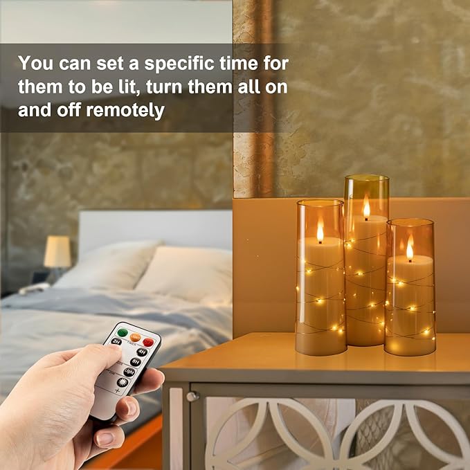 Raycare Flameless LED Candles with Embedded Star String, 5 Pcs Battery Operated Acrylic Pillar Candles with Timer and Remote, Flickering Candle for Romantic Ambiance and Home Decoration(Glod)