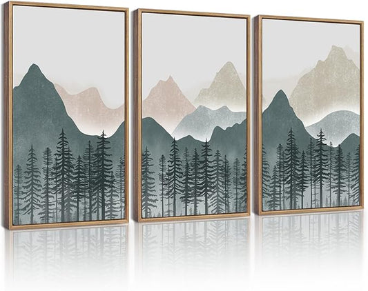 KUVIOKE Mountain Landscape Framed Wall Art Boho Nature Forest Paints Rustic Farmhouse Decor for Bedroom Dining Room Living Room 11x14in (Natural Framed)