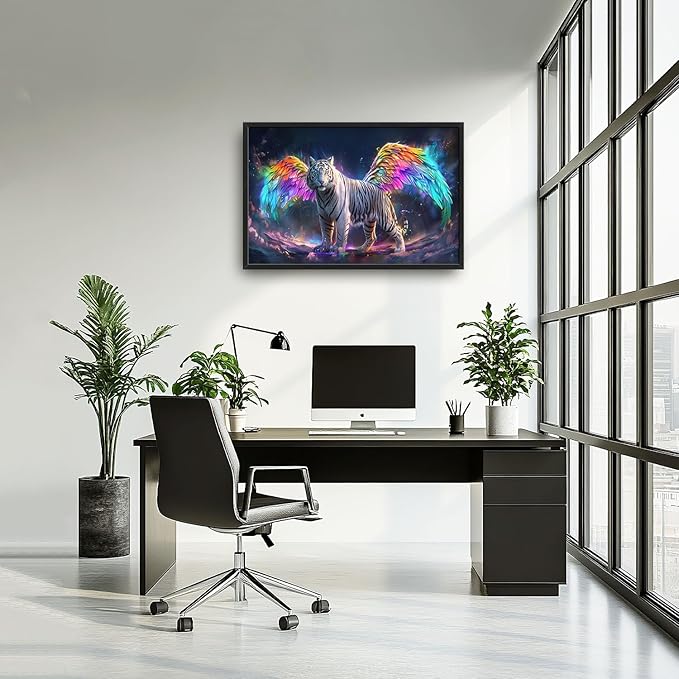 Flintis Large Tiger Wall Art White Tiger Angel Wings Pictures Wall Decor Abstract Animal Canvas Painting Print Artwork Decoration Framed for Living Room Bathroom Master Bedroom Office 36L x 24W