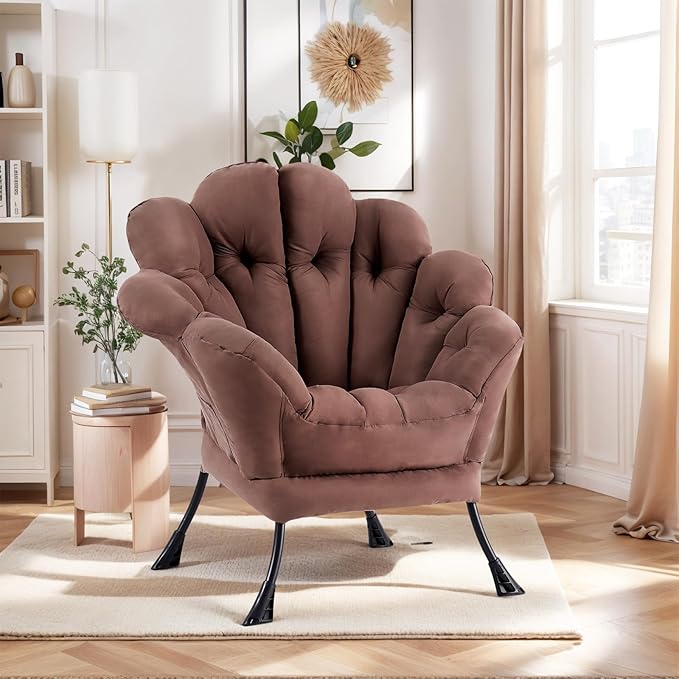Lazy Chair, Modern Floral Reading Chair with Folding Footrest, Lounge Accent Chair, Comfortable Oversized Armchairs for Bedroom, Living Room, Courtyard, Dark Brown