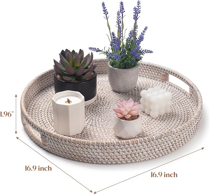 16.9 inch Round Rattan Tray, Woven Large Serving Tray with Handles, Wicker Serving Basket, Coffee Table Decor for Living Room, Whitewash