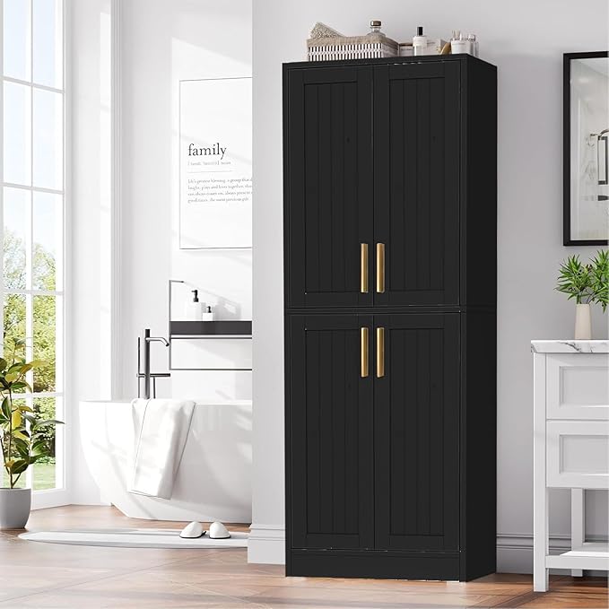 Kitchen Pantry Cabinet, Tall Storage Cabinet with Adjustable Shelves and 4 Doors, Farmhouse Freestanding Cupboard Hutch for Dining Room Living Room, Laundry, Black