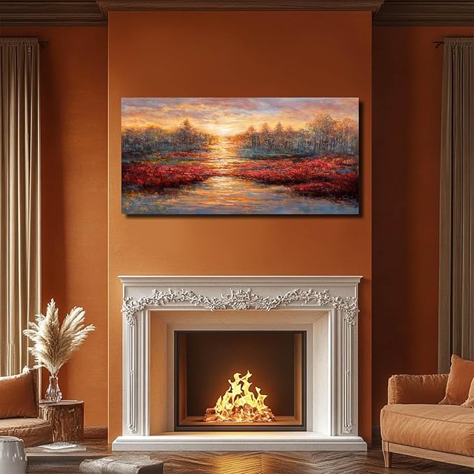 GAIDUOMAI Sunset Glow Pictures Gold and Red Canvas Painting Textured Wall Art for Office 24"x48" Nature Wall Prints for Hotel Master Bedroom Wall Decor