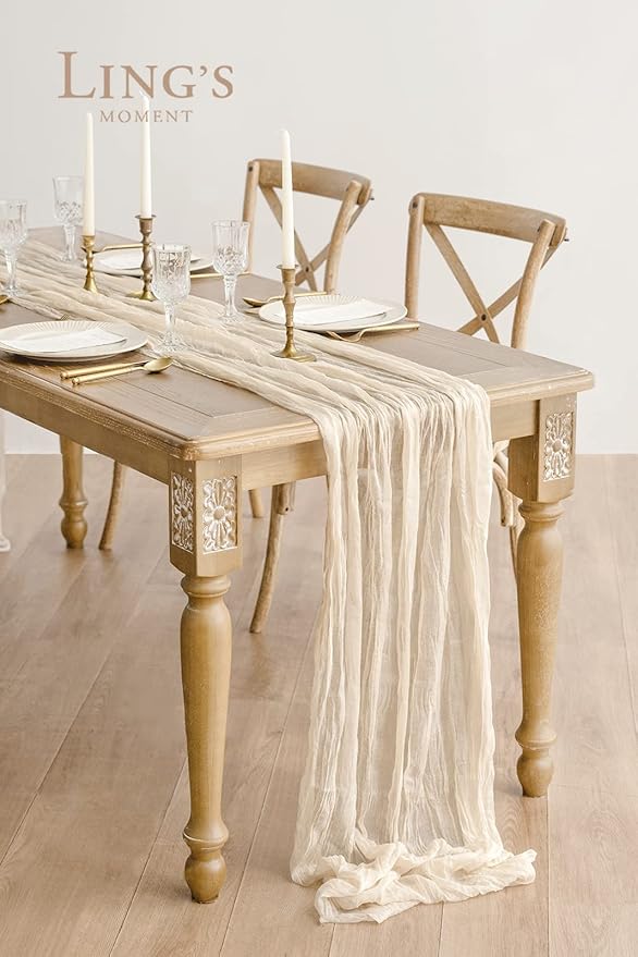 Ling's Moment 14Ft Ivory Cheesecloth Table Runner Beige Extra Long Gauze Semi-Sheer Cream White Table Runners Tablecloth for Wedding Party Bridal Shower Decor