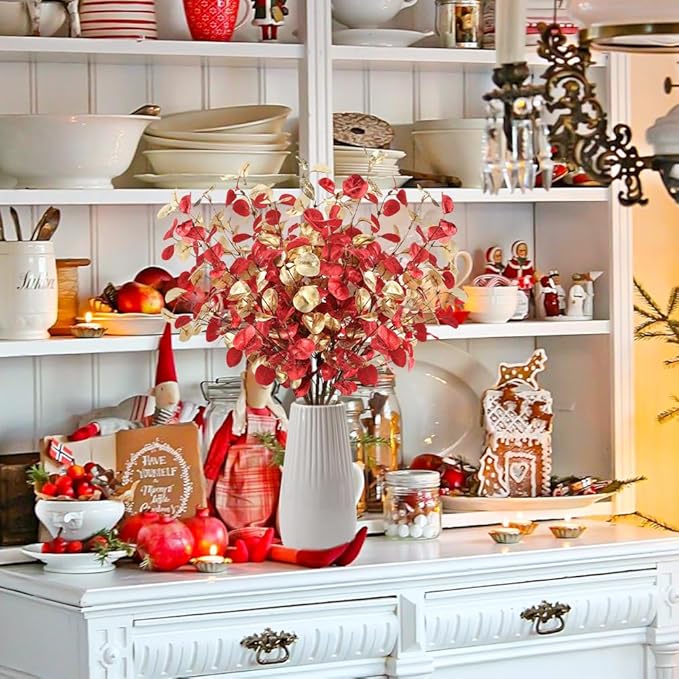 27.6’’ Christmas Artificial Flowers 6Pcs Red Gold Xmas Eucalyptus Stems for Table Centerpieces Faux Eucalyptus Leaves Branches for Christmas Floral Arrangements Home Farmhouse Party Decoration