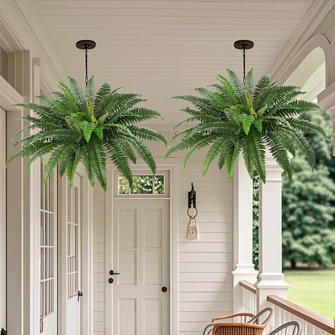 40" Artificial Boston Ferns Bush Plants, Set of 2, Large Faux Ferns Hanging Decor with 53 Fronds, Fake Vines Indoor Or Outdoors Planter for Home and Office Decor