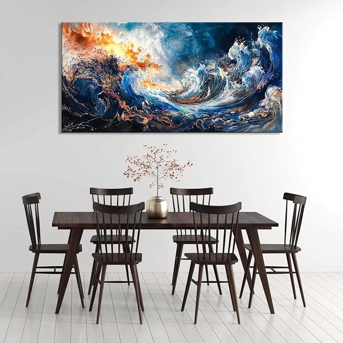 ZESTFLICKR Wall Art of Ocean Wave Abstract Canvas Blue Print Modern Artwork Pictures Magnificent for Living Room Bedroom Home Office Kitchen Decor (28x58 inches)
