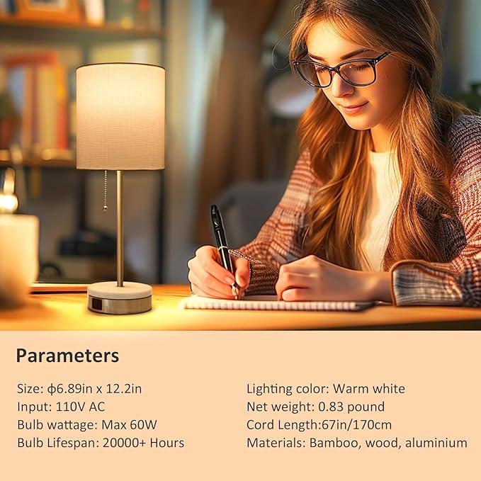 Marble Table Lamp, Bedside Lamps with Pull Chain for Bedroom, Lamp for Night Stands with USB Ports and Square Shade for Living Room Home Decor, Bulb Included