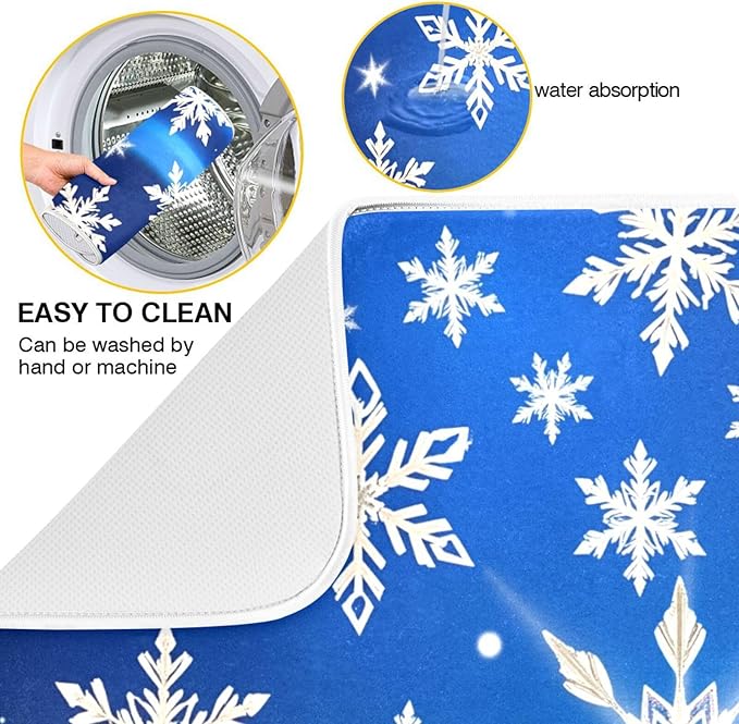 Christmas Blue Snowflakes Dish Drying Mat for Kitchen Counter 16 x 18 Snow Flakes Microfiber Dry Dishes Mats Drainer Mat Dish Drying Pad for Countertops