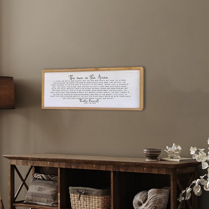 Surfapans The Man In The Arena Wall Decor 32"x12" Morden Office Motivational Wood Framed Sign For Men Large Farmhouse Living Room Inspirational Quotes Positive Speech Home Wall Decoration (Wood)