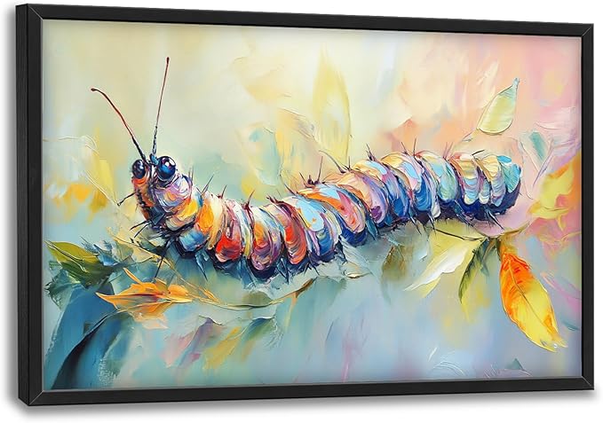 Extra Large Framed Abstract Caterpillar Wall Art,Colorful Cute Caterpillar Leaves Wall Decor Pictures for Living Room,Canvas Print Painting Modern Artwork Bedroom Office Bathroom 36L x24W