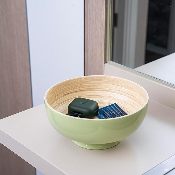 PEMAR 8" Lacquer Bamboo Fruit Bowl for Kitchen Counter, Handmade Large Decorative Pedestal Bowl for Entryway Table Home Decor, Key Bread Candy Snacks Organizer (Matcha Latte)