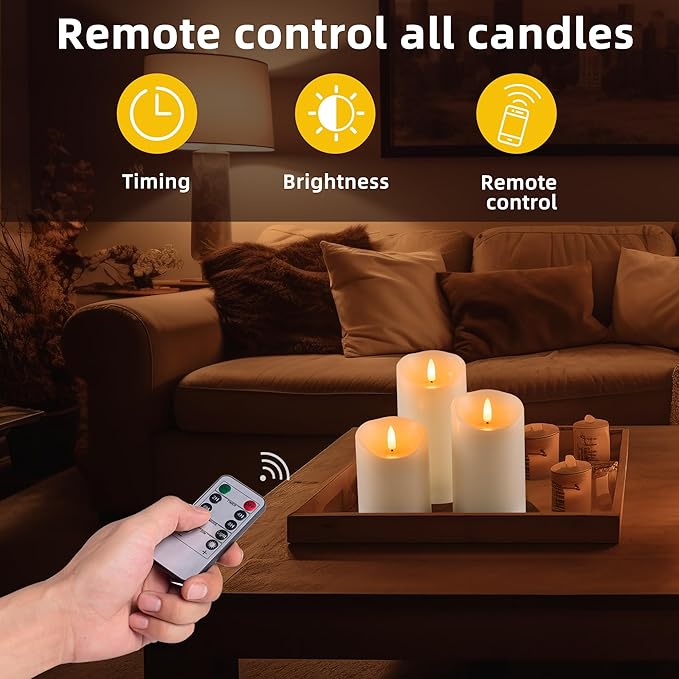 Flameless Candles Battery Operated Pillar Real Wax Electric LED Flashing Candle Sets with Remote Control Cycling 24 Hours Timer, 4" 5" 6" Pack of 3 (Ivory)