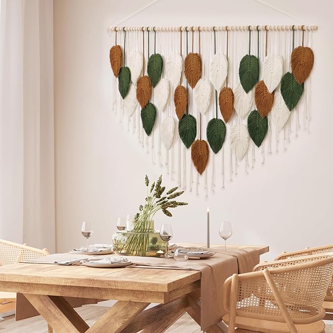 KHOYIME Large Macrame Wall Hanging Boho Woven Tapestry, Chic Home Decor Modern Bohemian Handmade Leaf Feather Wall Art Decorations for Apartment Living Room Bedroom Nursery Backdrop 51.5" W X 33.5" L