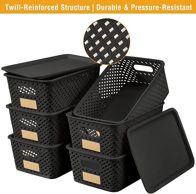 Small Plastic Twill Woven Storage Baskets with Lids, Stackable Organizing Containers with Labels for Pantry Closet Office, 6-Pack,10.35"x7.3"x4.09", Black
