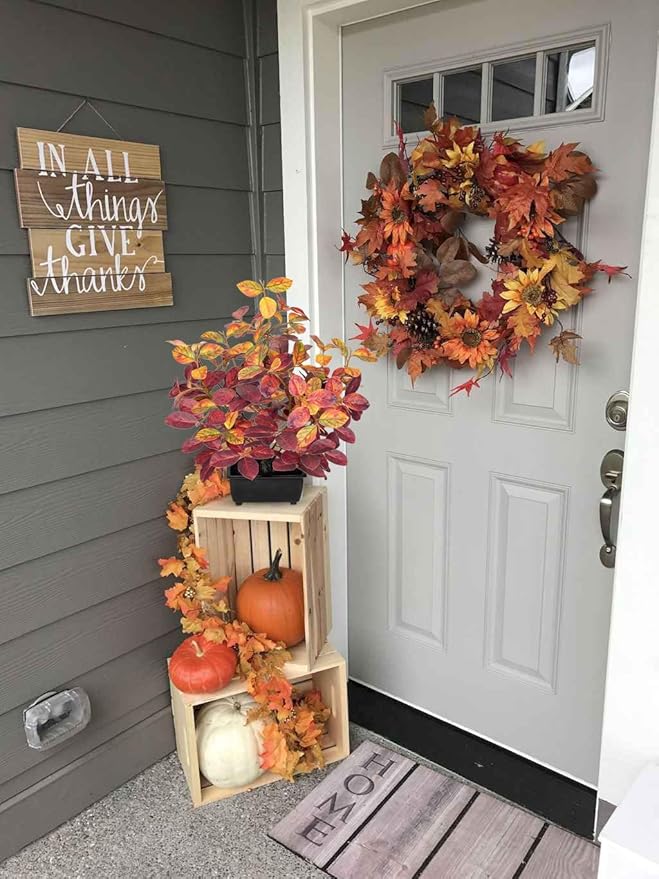 Briful 15.7" Fake Fall Bonsai Plant in Black Pot, Artificial Autumn Eucalyptus Plant with Red Orange Leaves Faux Plant Indoor for Home Office Room Shelf Table Centerpiece Thanksgiving Decor