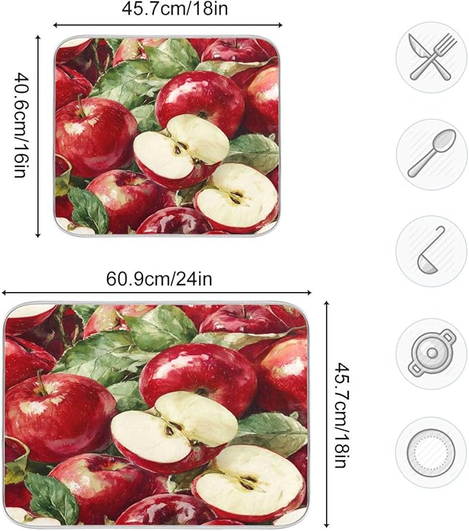 Leaves Red Apples Dish Drying Mat 18 X 24 Inch Natural Fresh Fruits Dry Dishes Pads Tableware Mats Absorbent Microfiber Protector for Kitchen Countertops Counter Home Decorations
