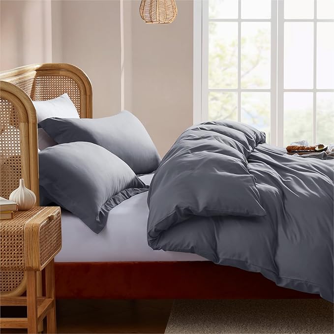 Nestl Queen Duvet Cover Set with Comforter Insert - Dark Grey 4 Piece 90x90 Duvet Cover & 2 Pillow Shams with White Quilted Down Alternative Comforter, Ultra Soft, All Season