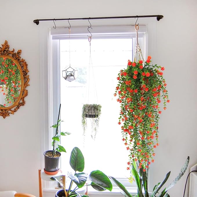 SJL Fall Artificial Hanging Plant Fall Faux Eucalyptus Leaf Fake Hanging Vines UV Resistant Fake Mums for Outdoors Faux Autumn Plants for Home Indoor Outdoor Thanksgiving Decor (Orange)