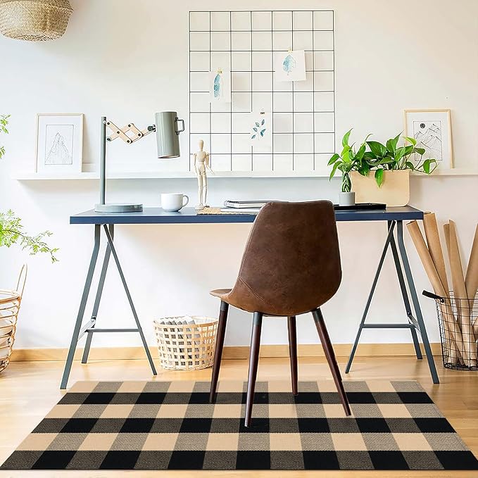 KOZYFLY Buffalo Plaid Area Rugs 2x4.3 Ft Brown and Black Checkered Rug Washable Front Door Mat Hand Woven Cotton Outdoor Rugs Small Rug for Front Porch Kitchen Entryway Patio Bathroom