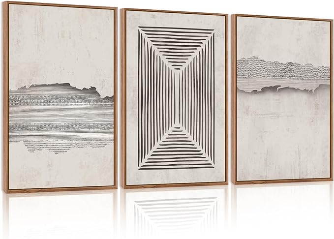 CHDITB Modern Abstract Canvas Art Prints, Set of 3 Neutral Framed Wall Art, Geometric Line Textured Minimalist Decor for Living Room - Large Size 24"x36"