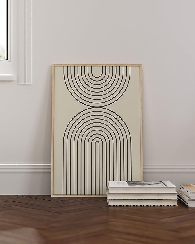 HAUS AND HUES Neutral Wall Art Prints for Wall Decor - Boho Art Wall Prints Mid Century Modern Decor Line Art and Geometric Wall Decor Black Semi Circles Reflected (24x36 Framed Beige)
