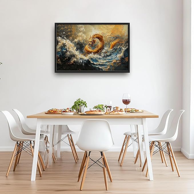 Flintis Large Golden Dragon Framed Wall Art Japanese Waves Pictures Wall Decor Abstract Asian Wild Animal Canvas Painting Print Artworks Framed for Living Room Bathroom Master Bedroom 36L X 24W
