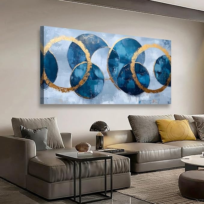 Abstract Pictures Canvas Wall Art for Living room Office Bedroom Wall Decor, Ring Wall Art Print Paintings Modern Blue Golden Abstraction Artwork Waterproof Ready to Hang-20x40inch