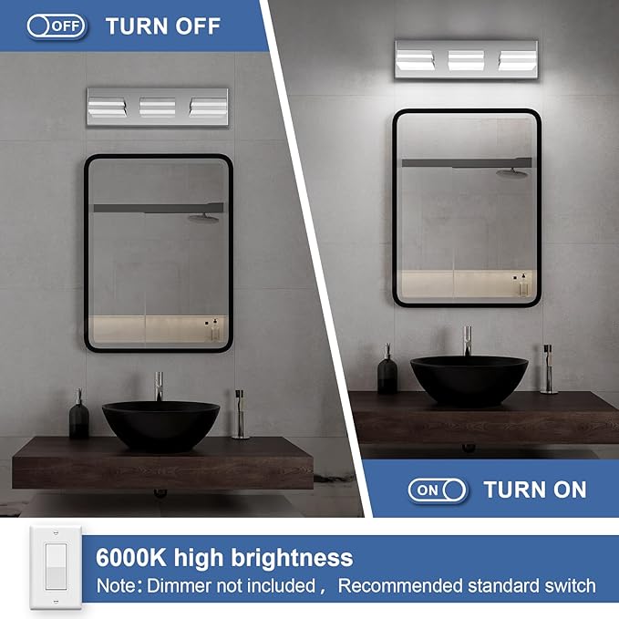 Modern LED Bathroom Lights Fixtures(3-Light),Metal Chrome Acrylic Wall Lighting,Vanity Lights for Bathroom Over Mirror(6000k 16In