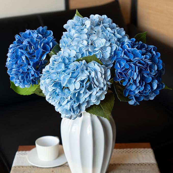 4Pcs 22 inch Lifelike Artificial Hydrangea, 2 Blue & 2 Dark Blue Large Real Touch Flowers Artificial Flowers Dry Flowers Outdoor Wedding Christmas Office Family Party Living Room Table Deco