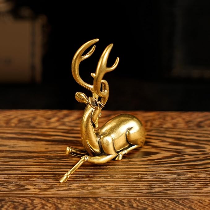 Retro Handcrafted Nostalgic Deer Statue - 100% Solid Brass Body & Genuine White Copper Horns | Elegant Tabletop Decor, Vintage Desk Ornament, Unique Gift for Nature Lovers